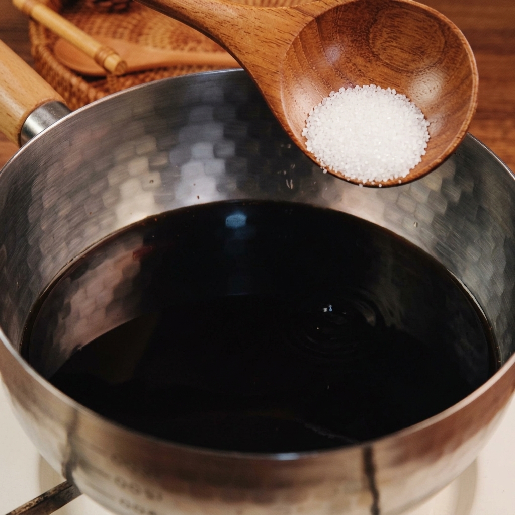 Zucchero semolato aggiunto al liquido scuro nel pentolino.
