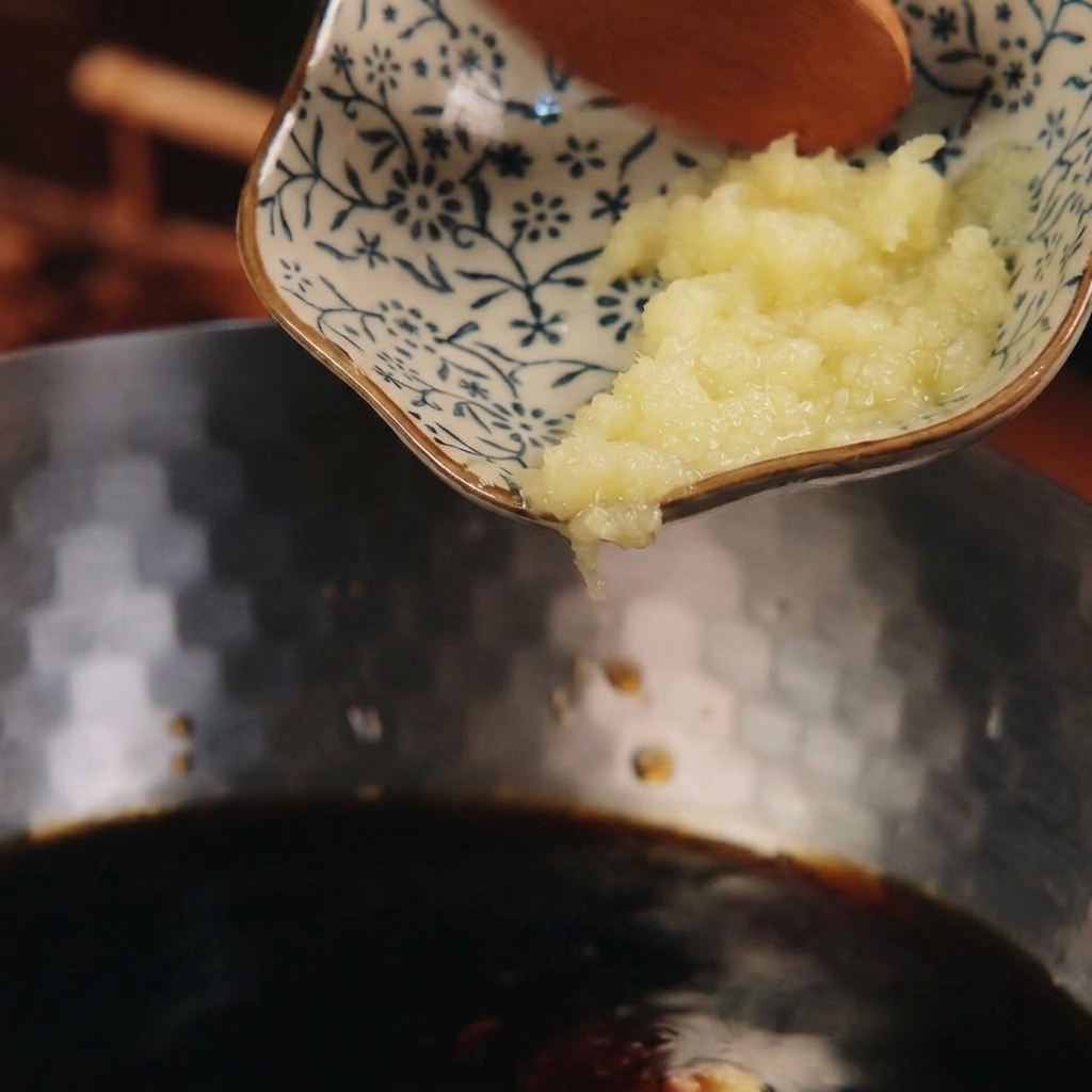 Zenzero fresco grattugiato unito alla salsa aromatica nel pentolino.