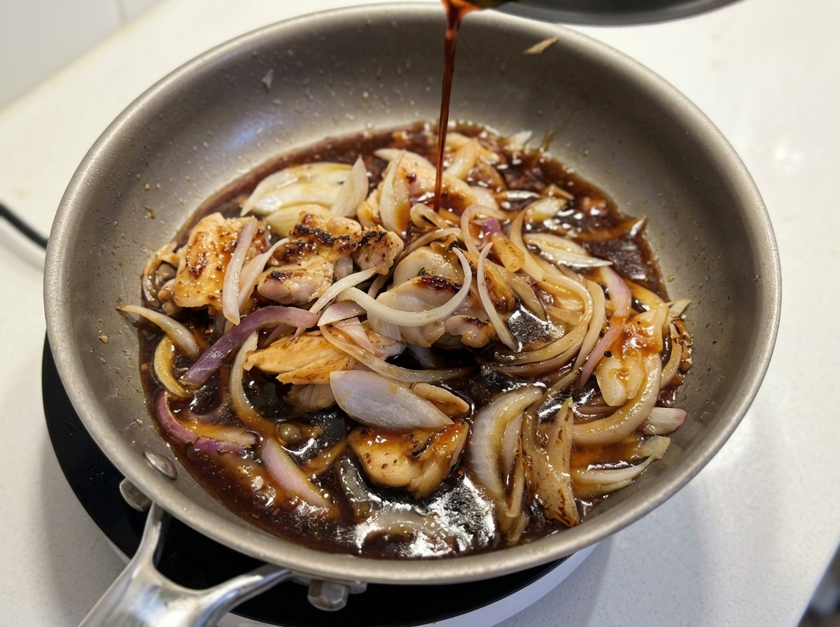 Una salsa scura a base di soia versata sopra il pollo e le cipolle rosse in una padella che sobbolle.