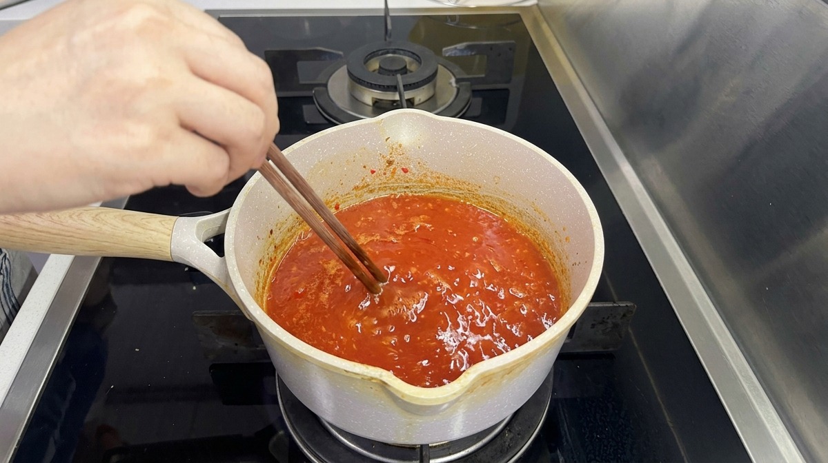 Un pentolino con salsa rosso fuoco al peperoncino e aglio che sobbolle sul fuoco, mescolata con bacchette di legno.