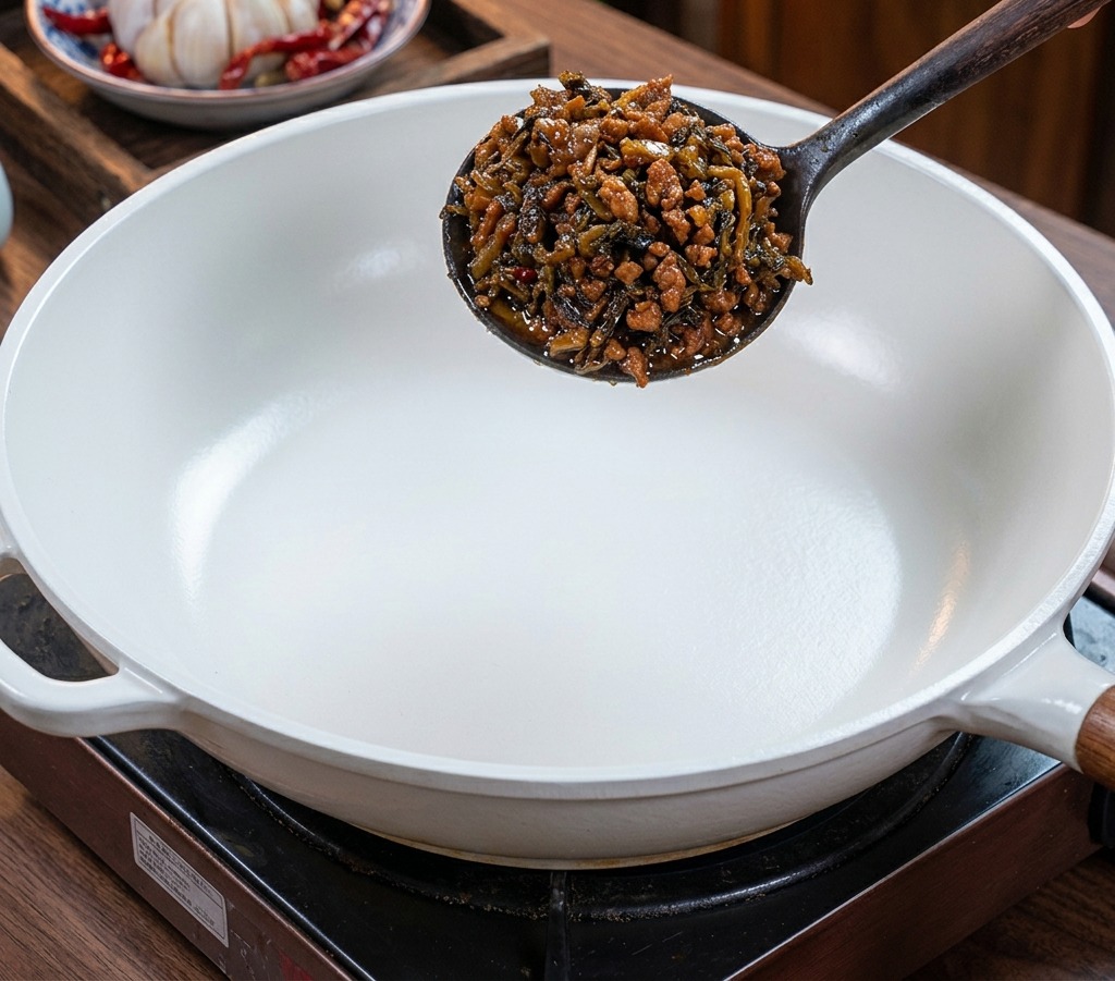 Un mestolo scuro contenente foglie di senape sottaceto tritate sopra una padella bianca pulita e vuota.