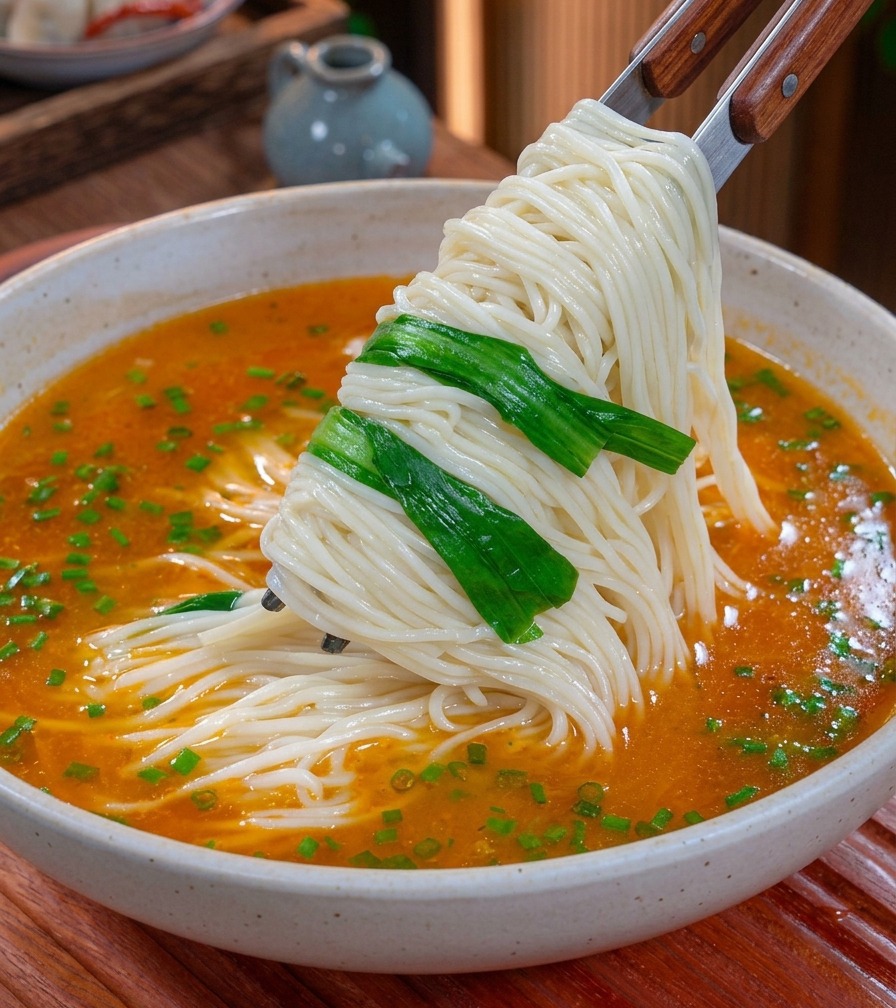 Un nido di noodles bianchi e verdure sbollentate sollevati con le bacchette e adagiati in una ciotola di brodo arancione.