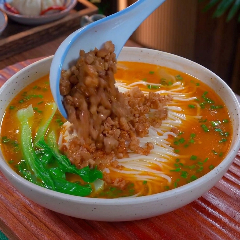 Un cucchiaio di ceramica blu versa una porzione di carne macinata cotta in una ciotola di noodles immersi in un brodo arancione-rosso, guarniti con bok choy.