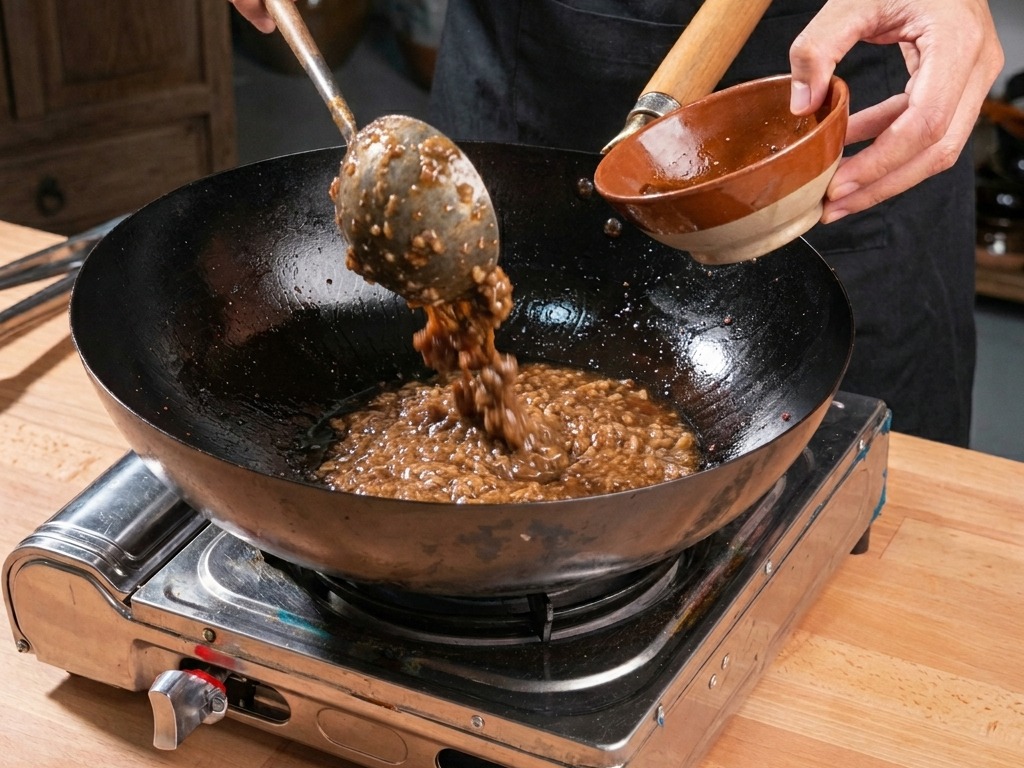 Verdure scure tritate finemente vengono aggiunte da una piccola ciotola di terracotta in un wok contenente carne macinata rosolata.