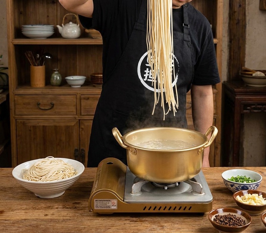 Una manciata di sottili noodles chiari viene immersa in una pentola dorata colma di acqua bollente.