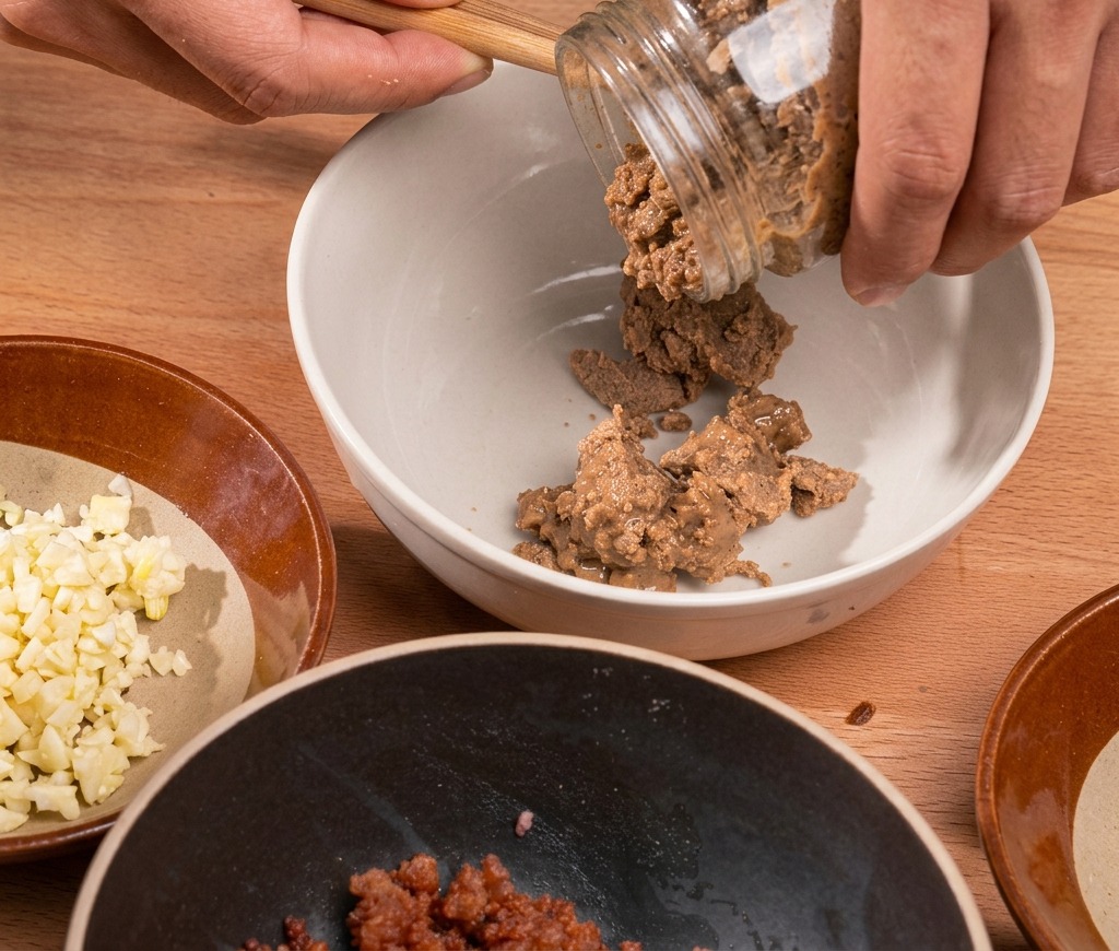 Un cucchiaio di legno preleva della densa pasta di sesamo da un vasetto di vetro per versarla in una ciotola bianca.