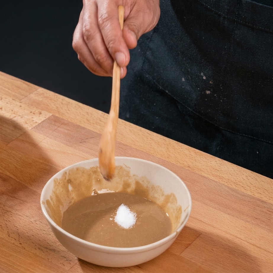 Una mano usa un cucchiaio di legno per aggiungere una piccola quantità di condimento cristallino bianco in una ciotola di salsa marrone chiaro.