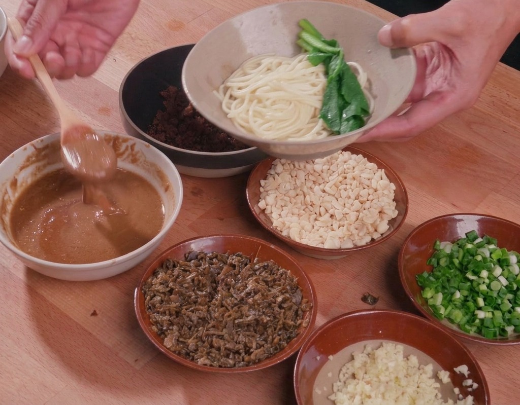 Un cucchiaio di legno fa colare una densa salsa al sesamo marrone chiaro su una ciotola di noodles bianchi cotti, guarnita con bok choy verde brillante.