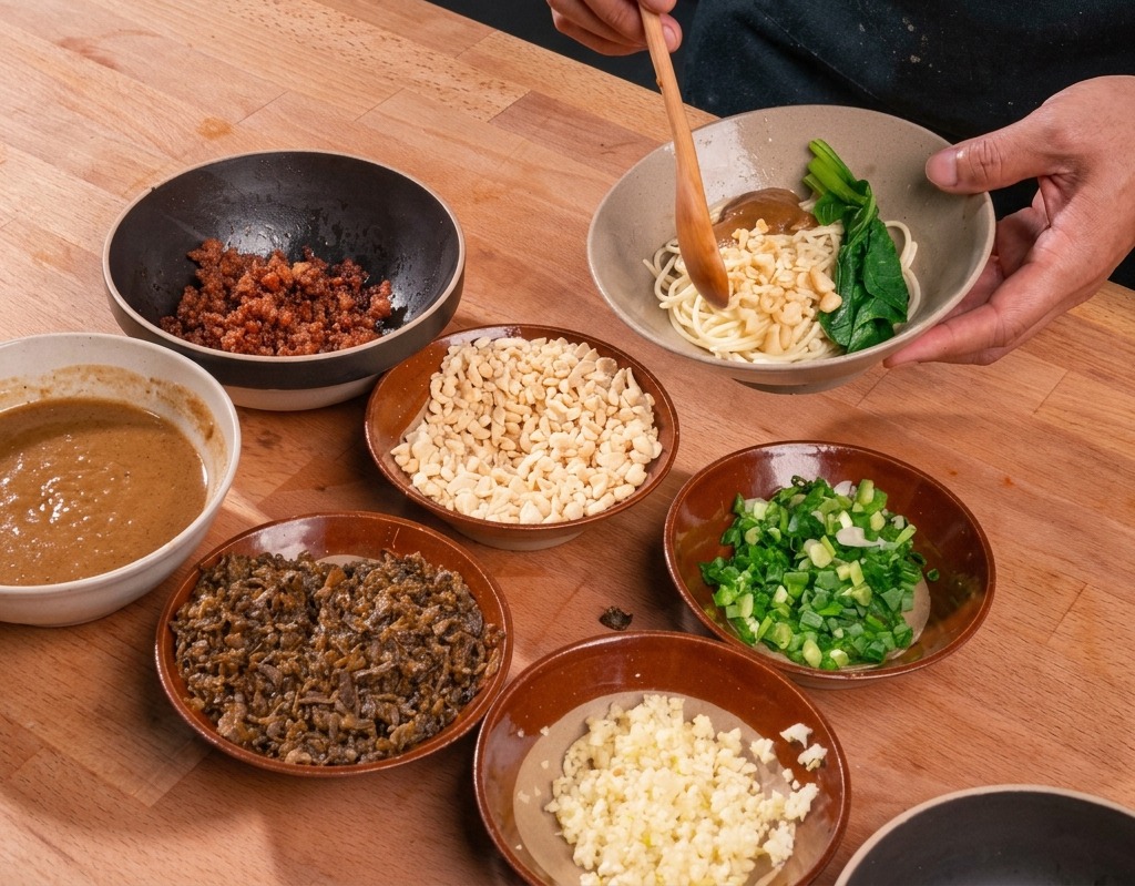 Un cucchiaio di legno aggiunge arachidi tritate a una ciotola di noodles Dandan, già condita con salsa di sesamo e verdure, circondata da piccole ciotole con altri ingredienti.