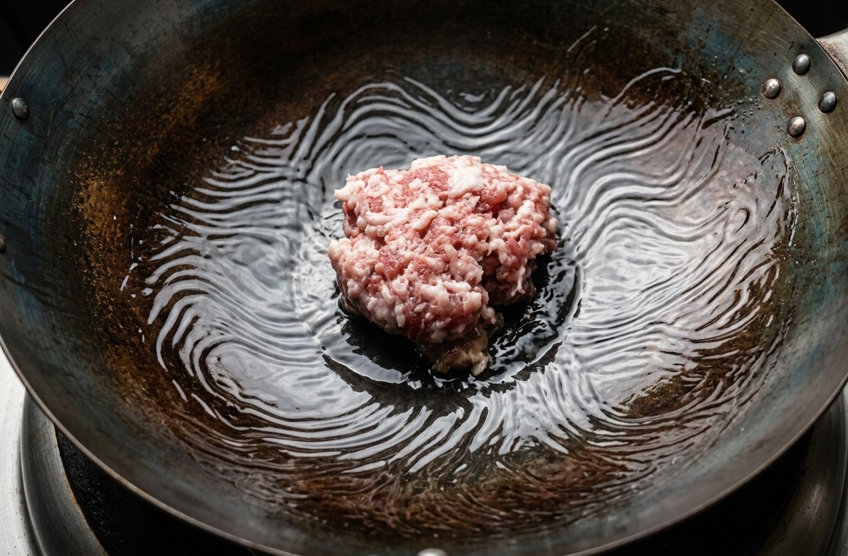 Un mucchietto di maiale macinato crudo adagiato su un fondo di olio trasparente in un wok di acciaio al carbonio.