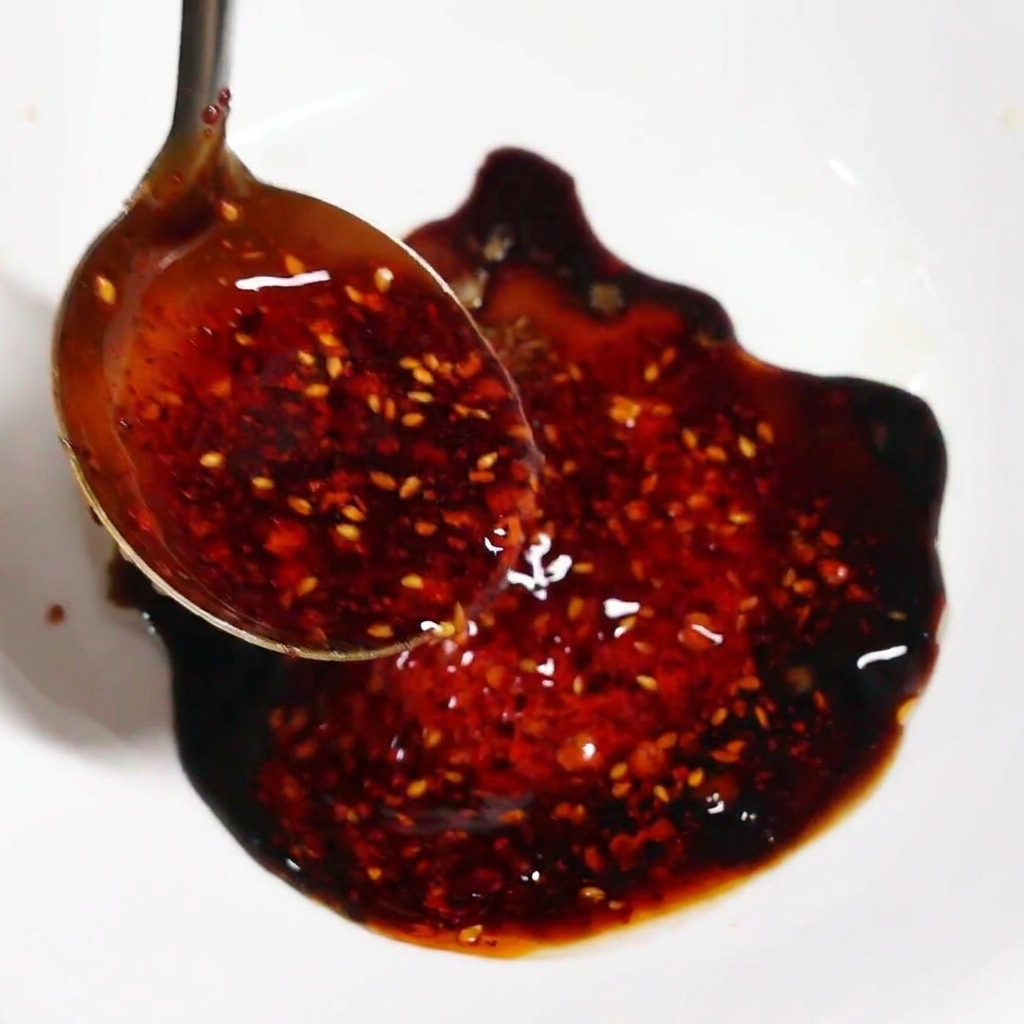 Olio al peperoncino rosso brillante con semi di sesamo visibili versato da un mestolo in una ciotola bianca contenente i condimenti della salsa.