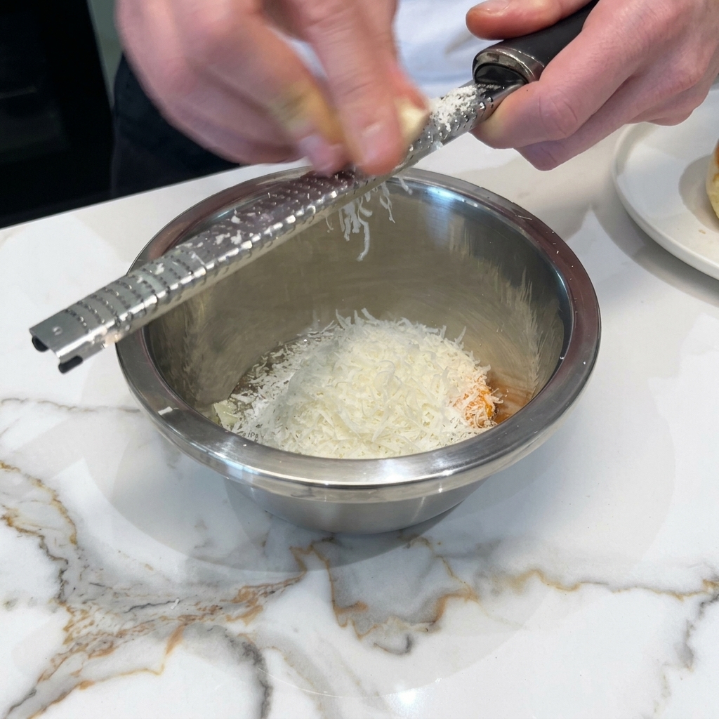 Una grattugia che riduce a scaglie fini un pezzo di Pecorino Romano sopra una ciotola con le uova.