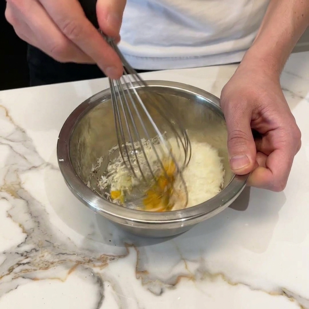Una frusta da cucina che mescola uova e formaggio fino a ottenere una crema densa e gialla.