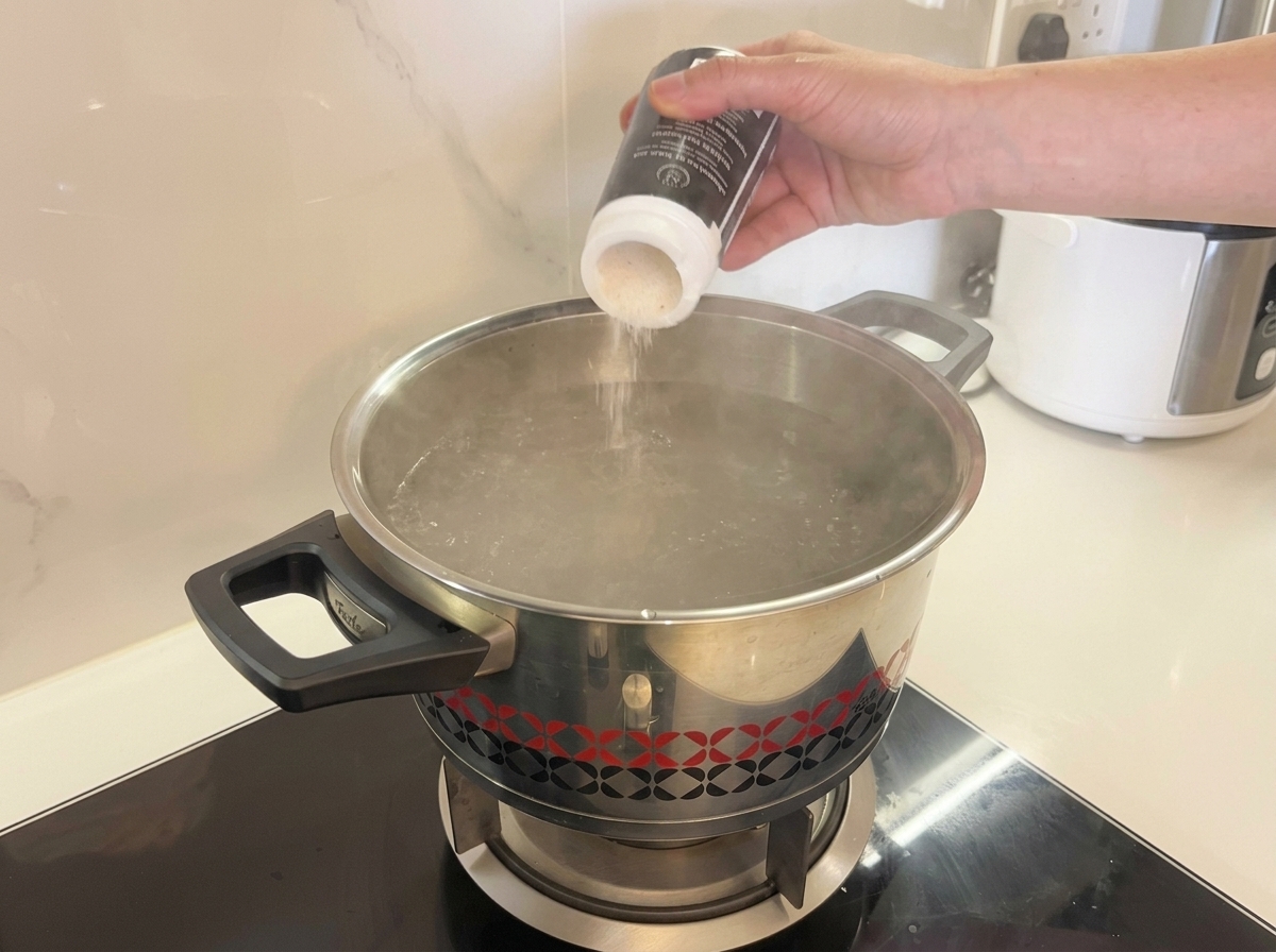 Una mano che versa sale in una pentola dacqua che bolle vigorosamente.