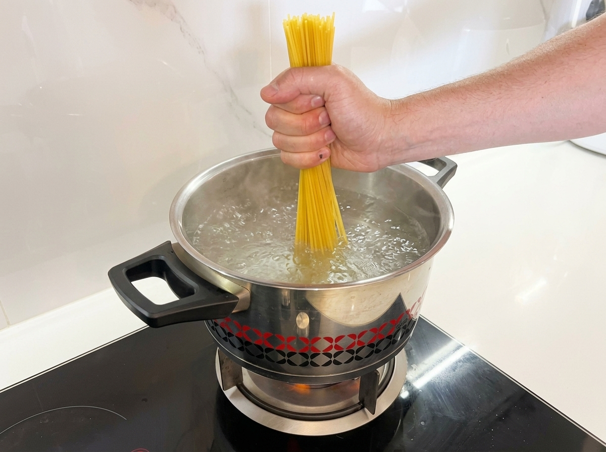 Un mazzo di spaghetti secchi che viene immerso in una pentola di acqua bollente.