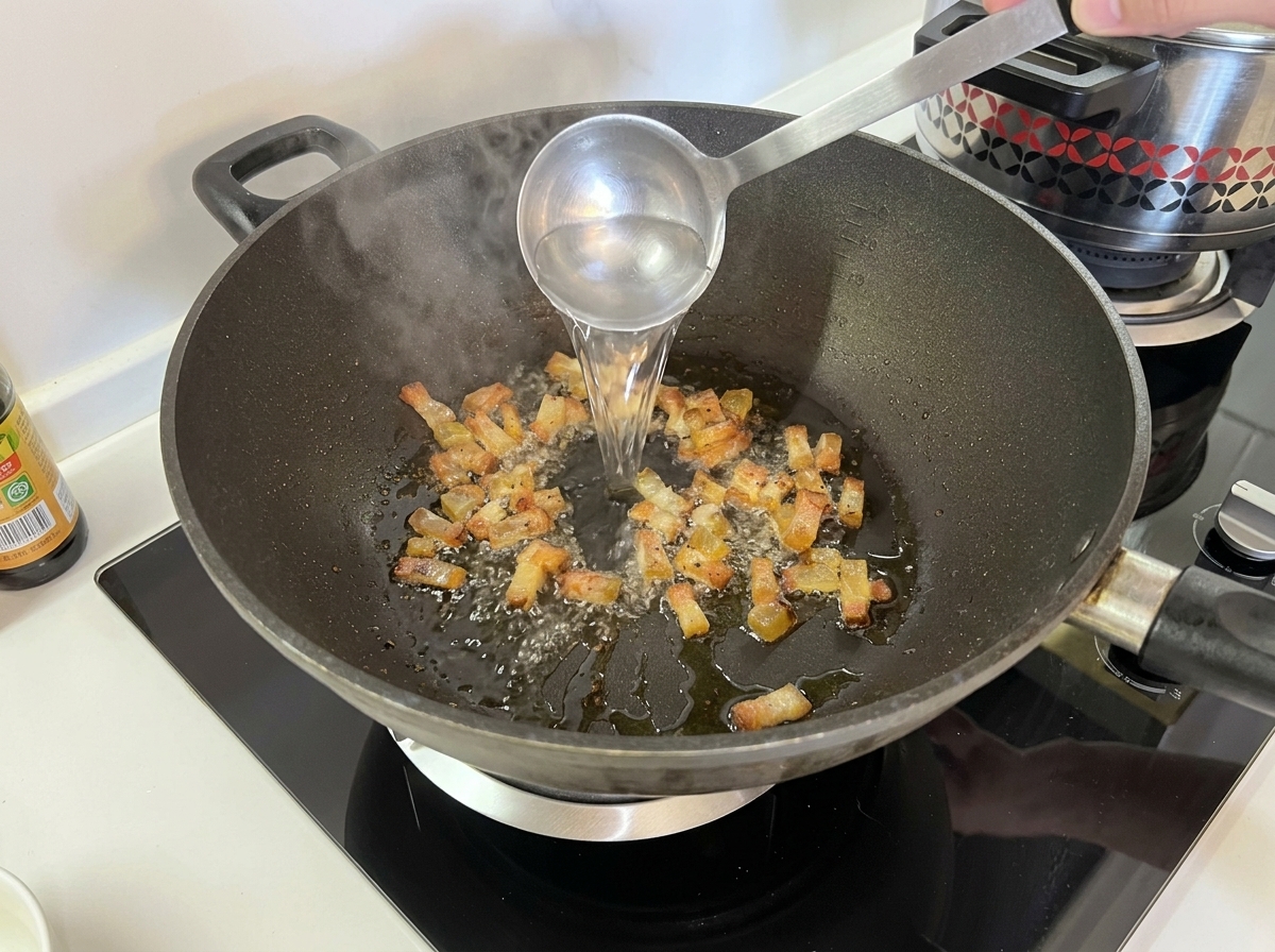 Un mestolo di acqua di cottura versato nella padella con il guanciale croccante.