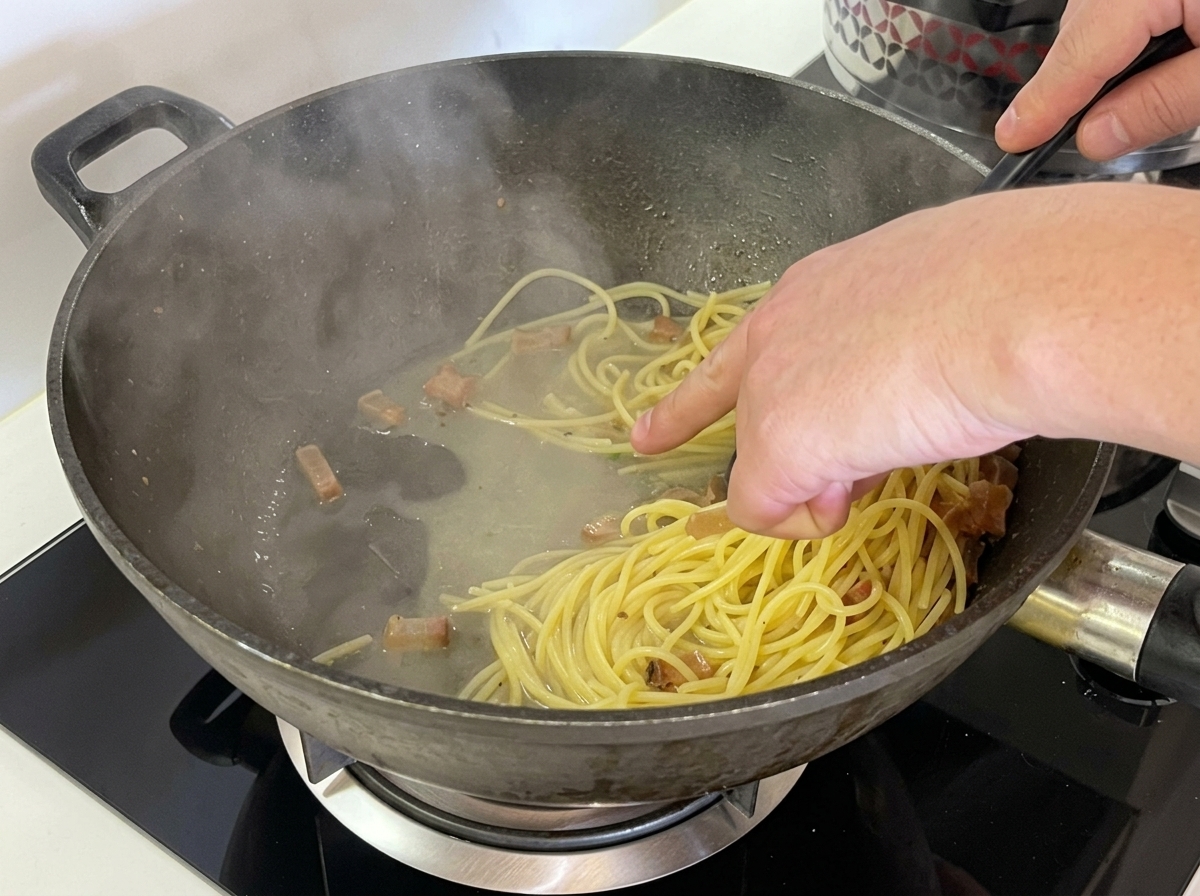 Spaghetti che vengono saltati nel grasso del guanciale in padella.