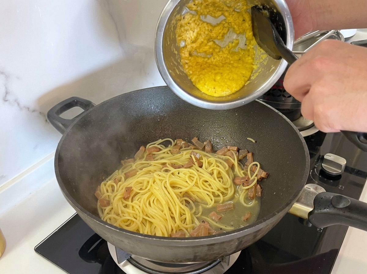 Versamento del composto di uova e pecorino sugli spaghetti nella padella lontano dal fuoco.