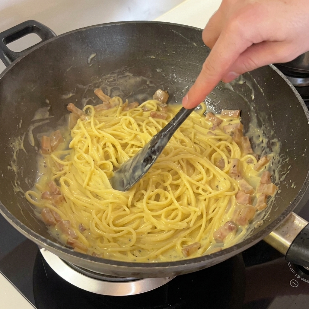 Spaghetti avvolti da una salsa lucida e gialla con pezzi di guanciale croccante.