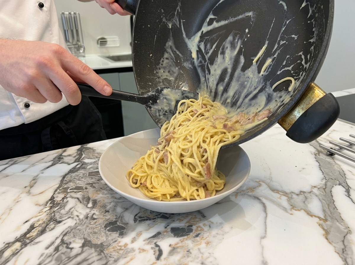 La carbonara cremosa che scivola dalla padella in un piatto da portata bianco.