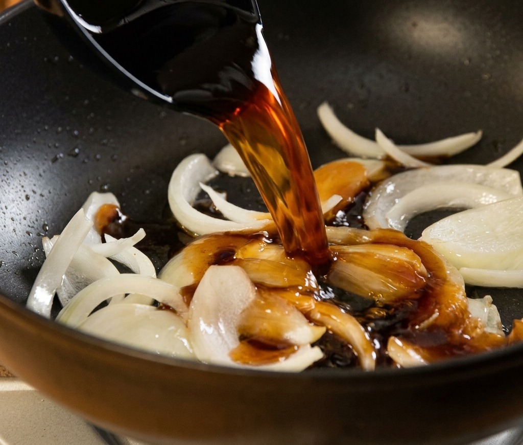 Una salsa scura e saporita viene versata sulle cipolle saltate in una padella rovente.