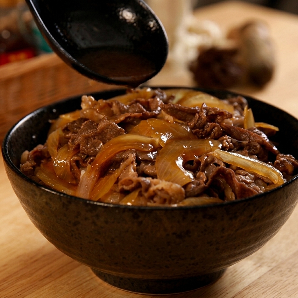 Un mestolo nero versa un saporito brodo scuro sopra una ciotola di gyudon appena composta.
