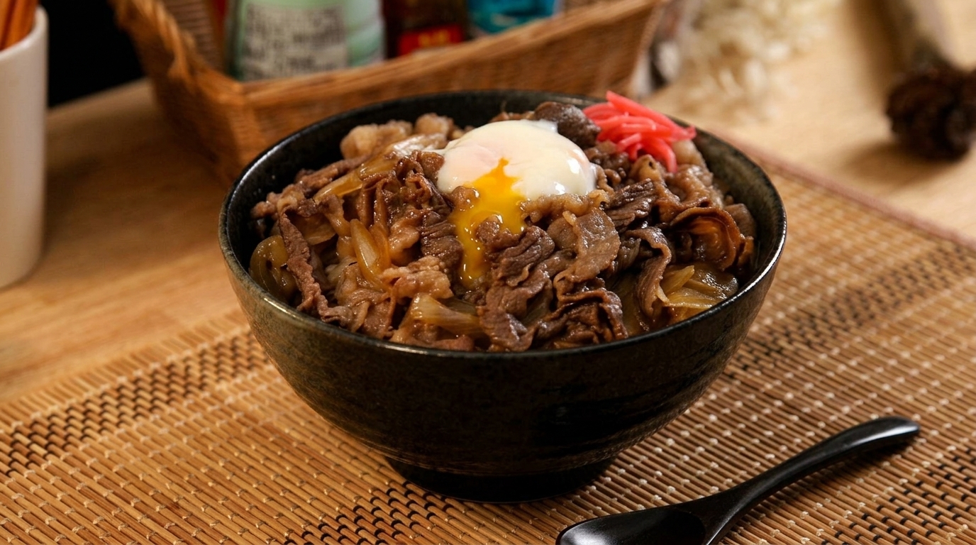 Gyudon in Stile Sukiya (Ciotola di Manzo Giapponese) con Uovo Onsen