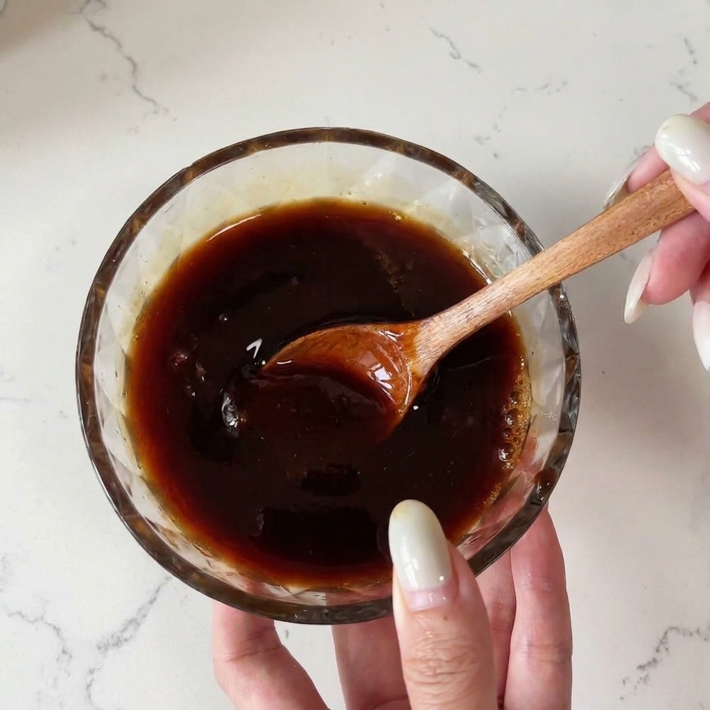 Una salsa scura per condimento viene mescolata con un piccolo cucchiaio di legno allinterno di una ciotola di vetro.