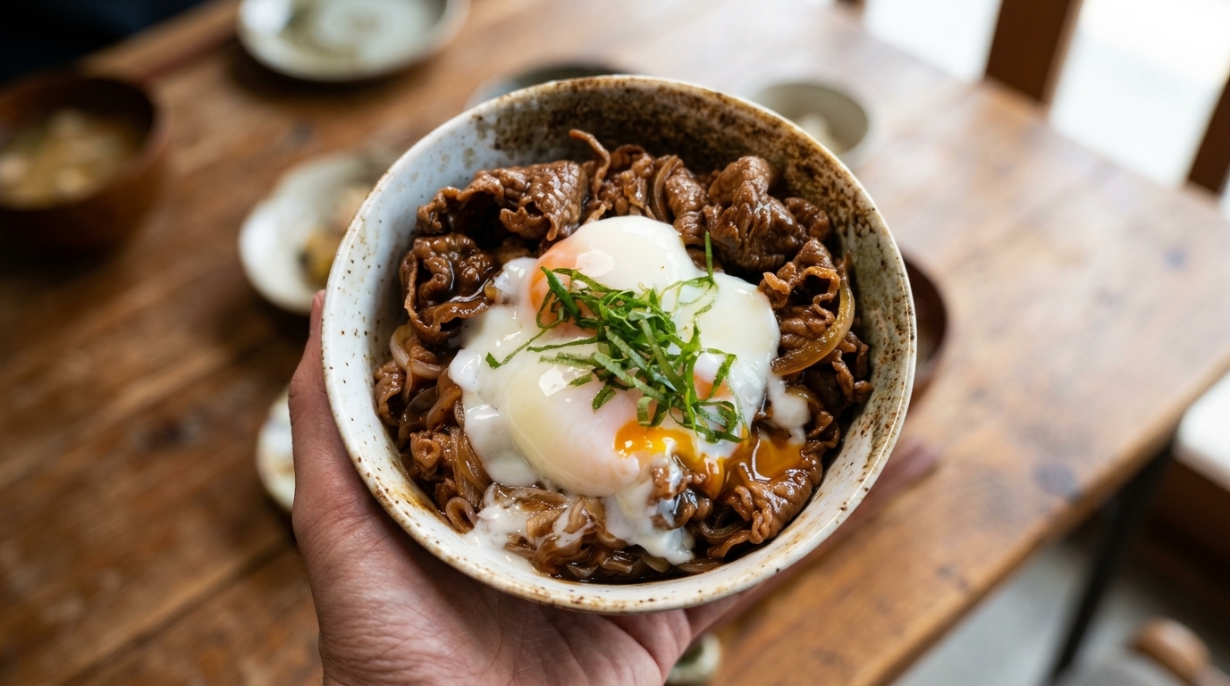 Gyudon Giapponese Autentico (Ciotola di Riso con Manzo e Uovo Onsen)