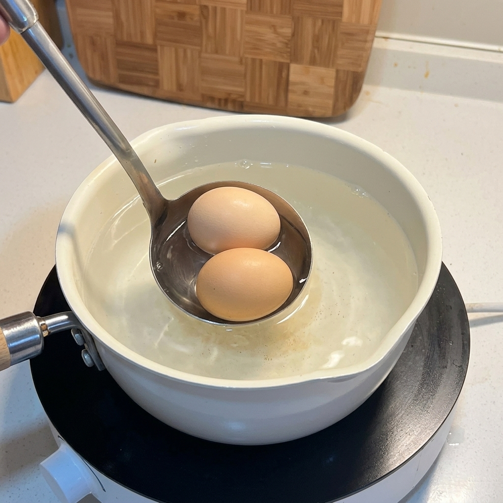 Utilizzare un mestolo di metallo per immergere delicatamente due uova con il guscio in una pentola di acqua calda.