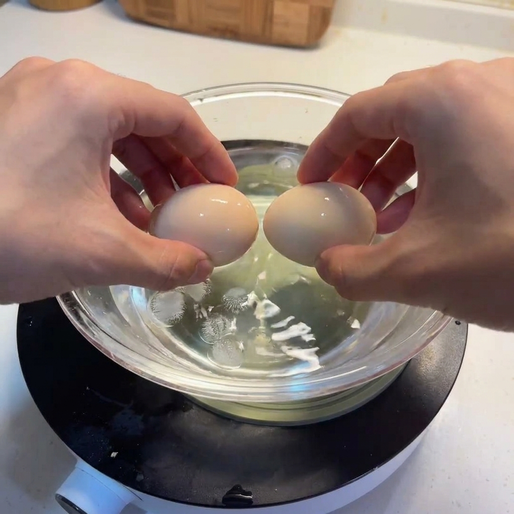 Due mani che trasferiscono le uova cotte in una ciotola di vetro trasparente piena di acqua e ghiaccio.