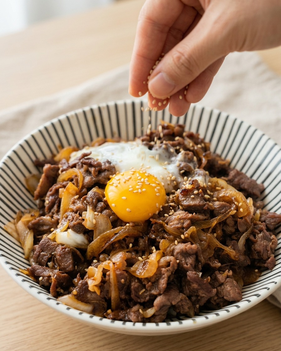 Una mano che sparge semi di sesamo tostati su una ciotola di manzo saporita completata da un tuorlo duovo arancione brillante e cipolle caramellate.