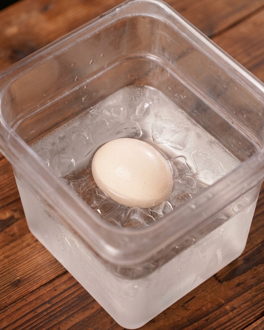 Un uovo cotto immerso in un contenitore di plastica trasparente pieno di acqua e cubetti di ghiaccio.