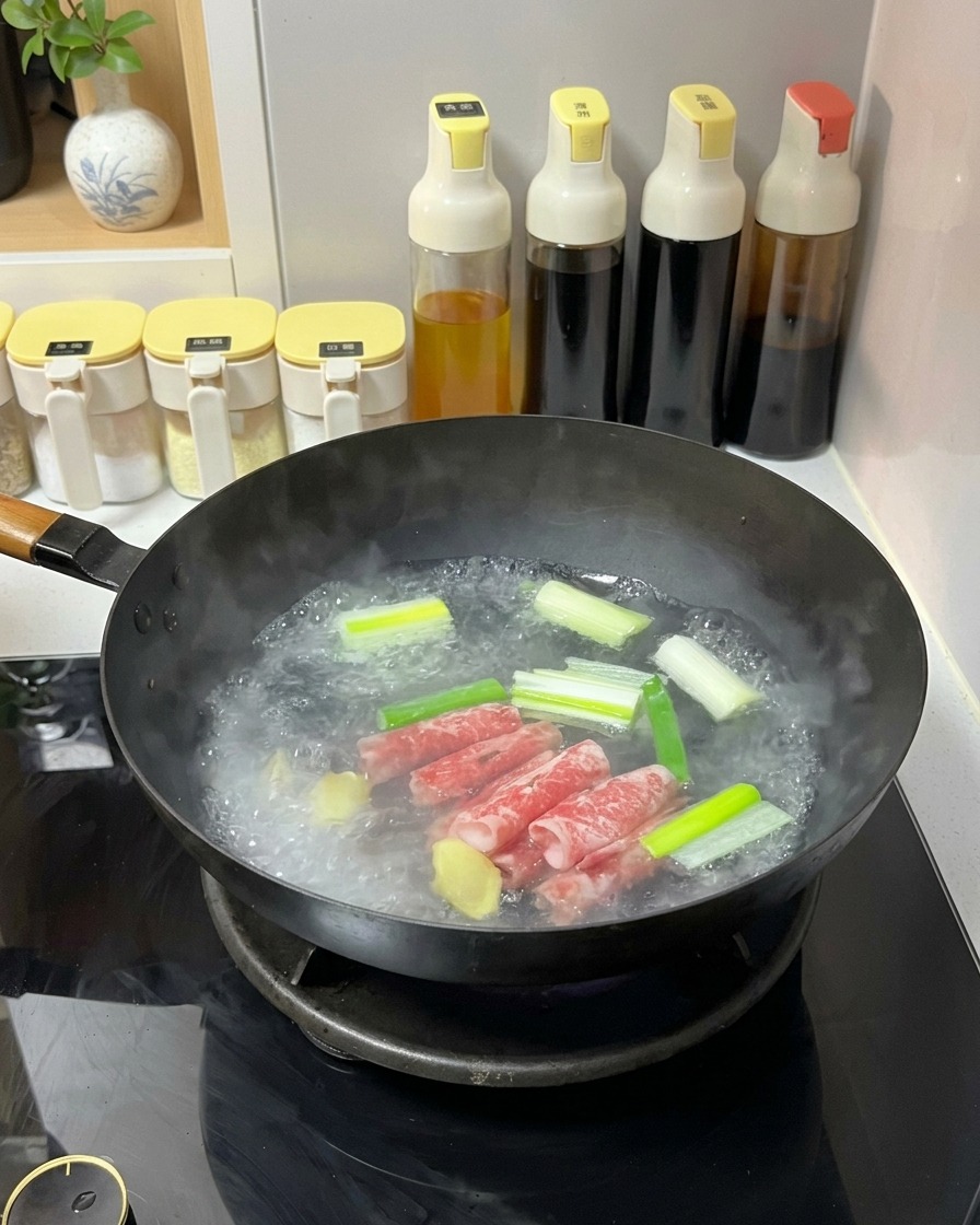 Sottili rotoli di carne di manzo cruda e venata di grasso immersi in una pentola di acqua bollente con zenzero e cipollotti.