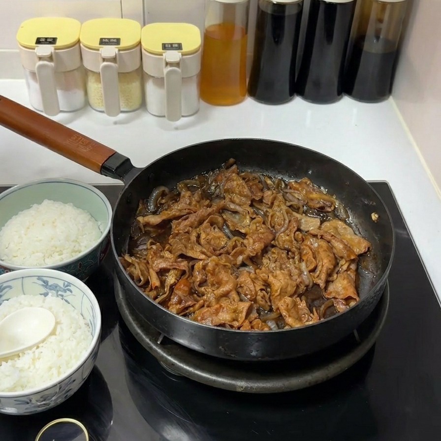 Sottili fettine di manzo e cipolle che sobbollono in una salsa scura a base di soia in una padella nera su piastra a induzione.