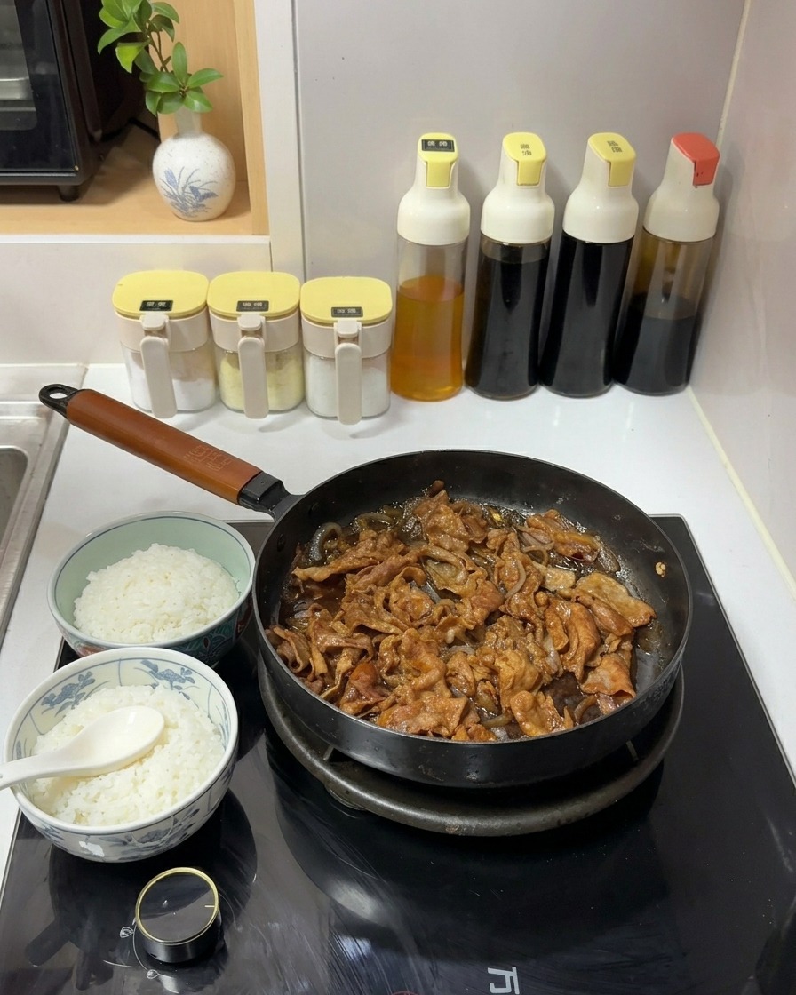 Manzo a fettine e cipolle che sobbollono in una salsa scura in padella accanto a due ciotole di riso bianco.