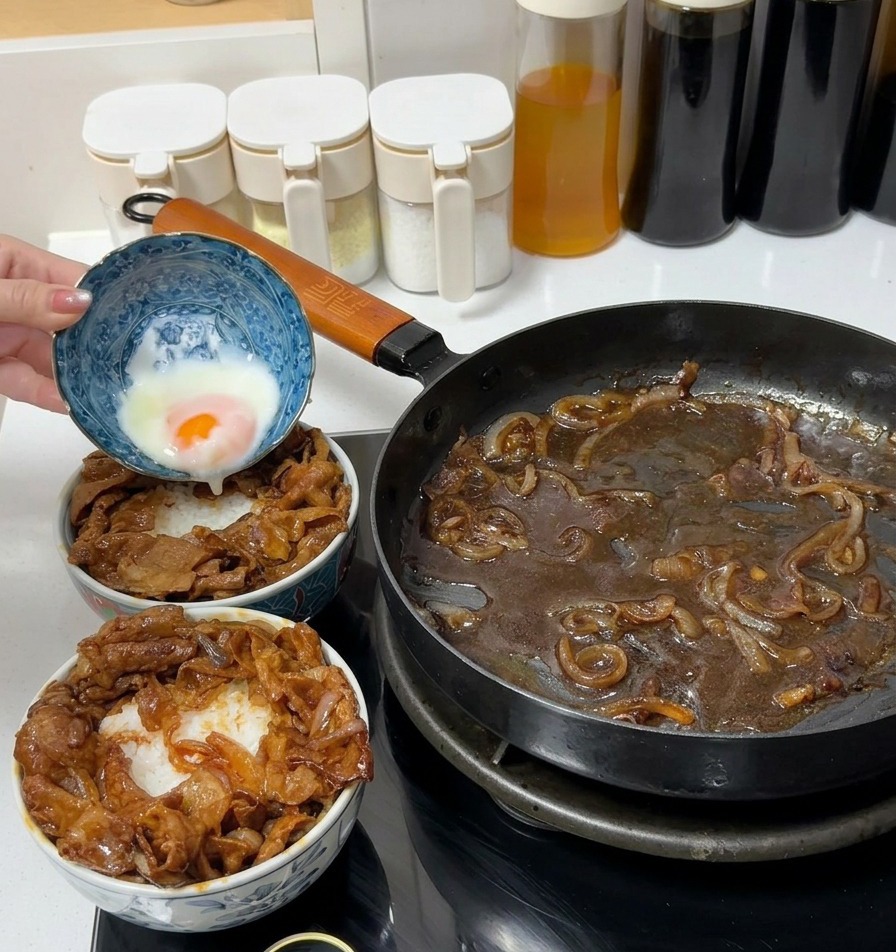 Una persona che fa scivolare un uovo onsen da una ciotolina di ceramica blu decorata su una ciotola di riso con manzo.