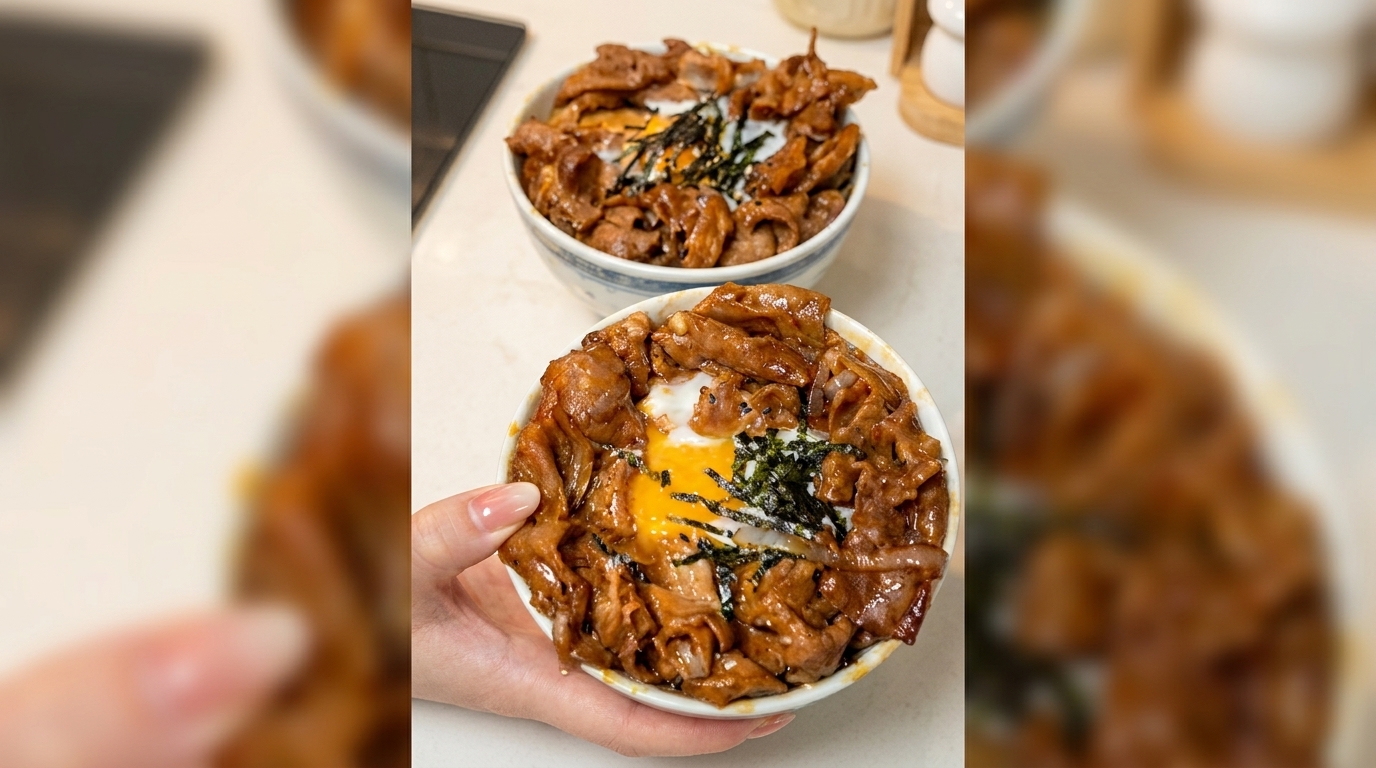 Gyudon Classico Giapponese: Ciotola di Riso con Manzo, Cipolle e Uovo Onsen