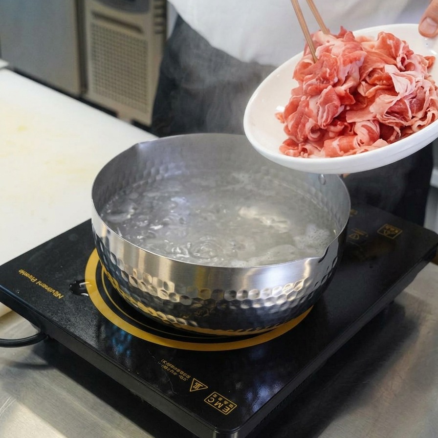 Bacchette che sollevano un gruppo di sottili fettine di manzo crudo e rosa da un piatto bianco per tuffarle in una pentola di metallo con acqua bollente.