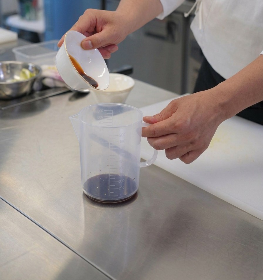Condimento liquido scuro versato da una piccola ciotola di ceramica bianca in una brocca graduata di plastica che contiene già unaltra salsa scura.