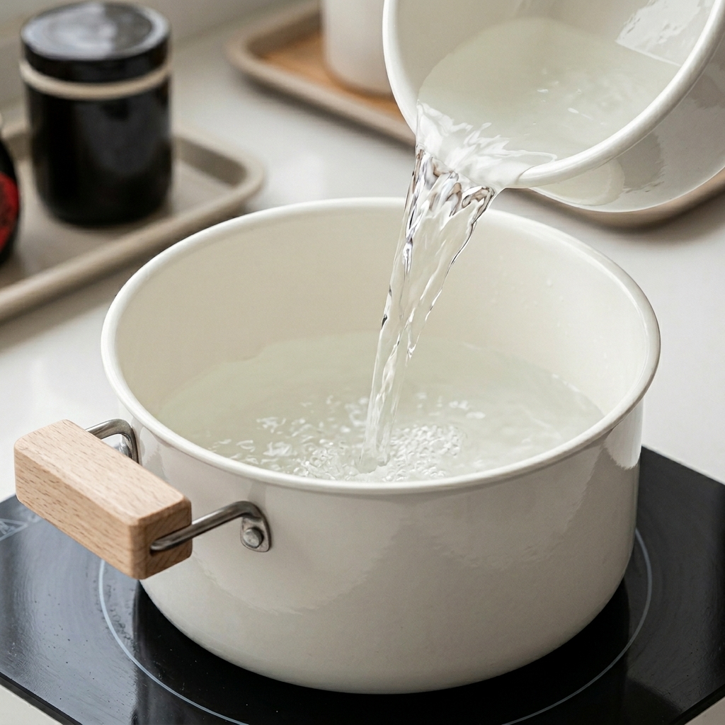 Acqua calda limpida che viene versata in una pentola smaltata bianca su un piano cottura nero.