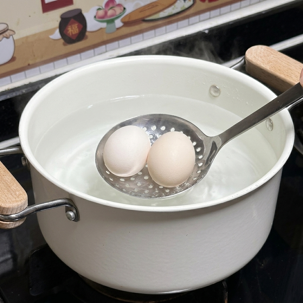Due uova intere crude che vengono calate in una pentola di ceramica bianca con acqua calda usando una schiumarola in acciaio inossidabile.