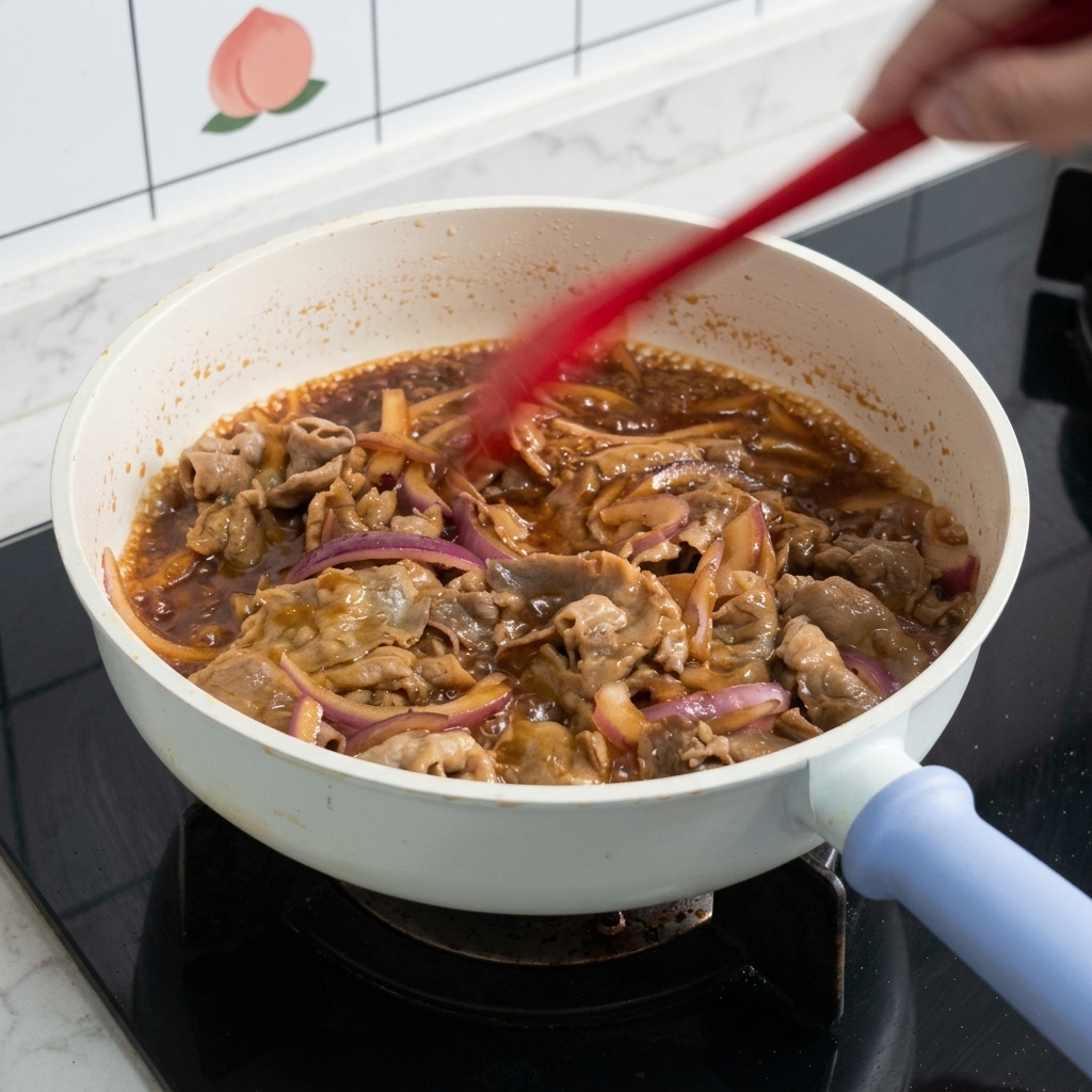 Manzo a fettine sottili e anelli di cipolla rossa saltati con una spatola rossa in una padella bianca piena di salsa teriyaki marrone che sobbolle.