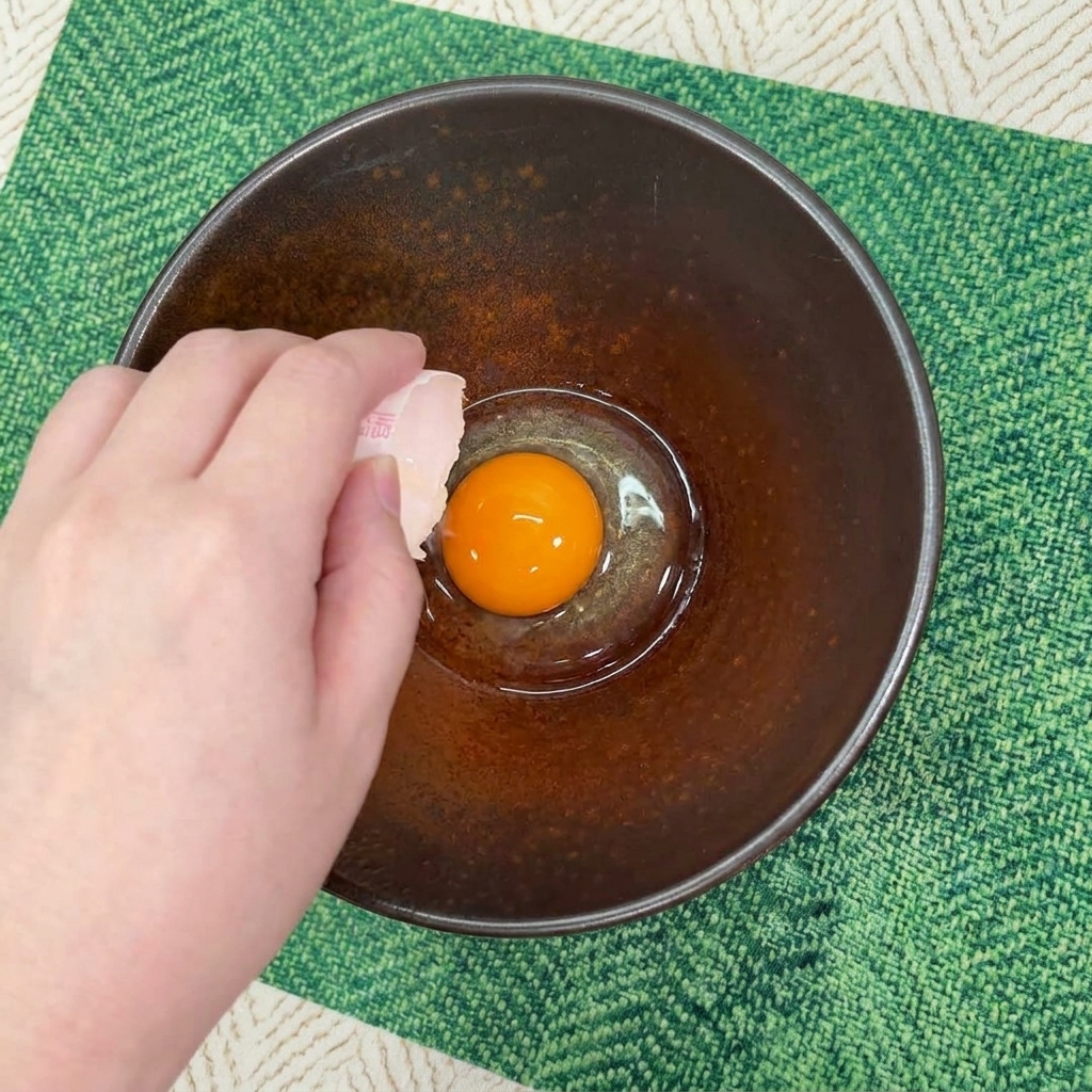 Una mano che separa un tuorlo duovo arancione brillante usando il guscio, facendolo cadere in una ciotola di ceramica scura.