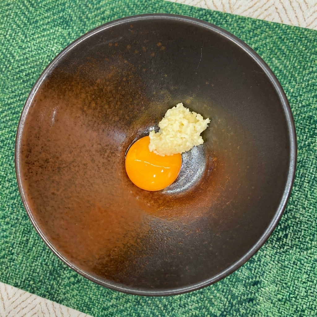 Aglio tritato finemente posizionato accanto a un tuorlo duovo crudo in una ciotola scura.