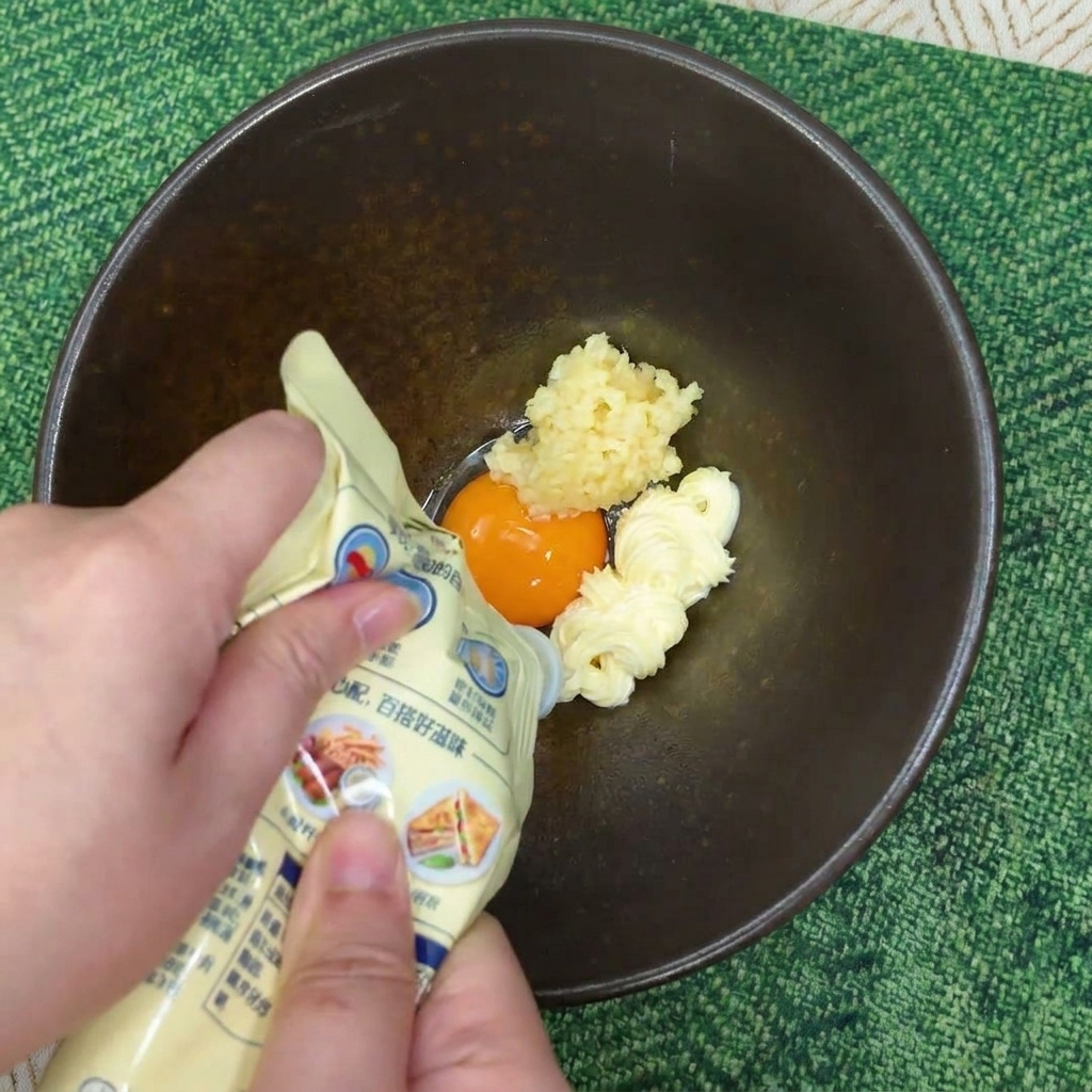 Mani che spremono maionese giapponese da un tubetto sopra un tuorlo duovo e aglio tritato.
