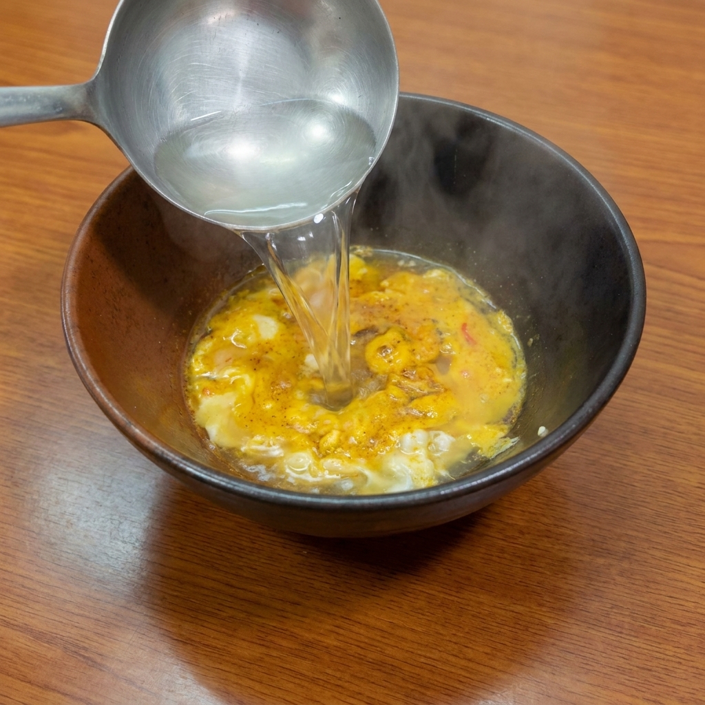 Un mestolo di metallo che versa acqua calda trasparente in una ciotola contenente una pasta di condimento arancione.