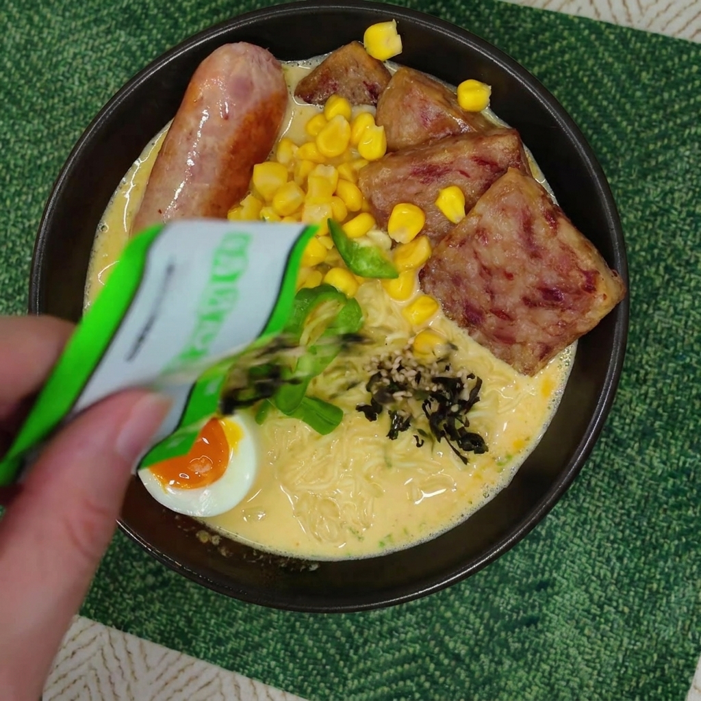 Una mano che spolvera fiocchi di alghe e semi di sesamo su una ciotola di ramen ricca di ingredienti.