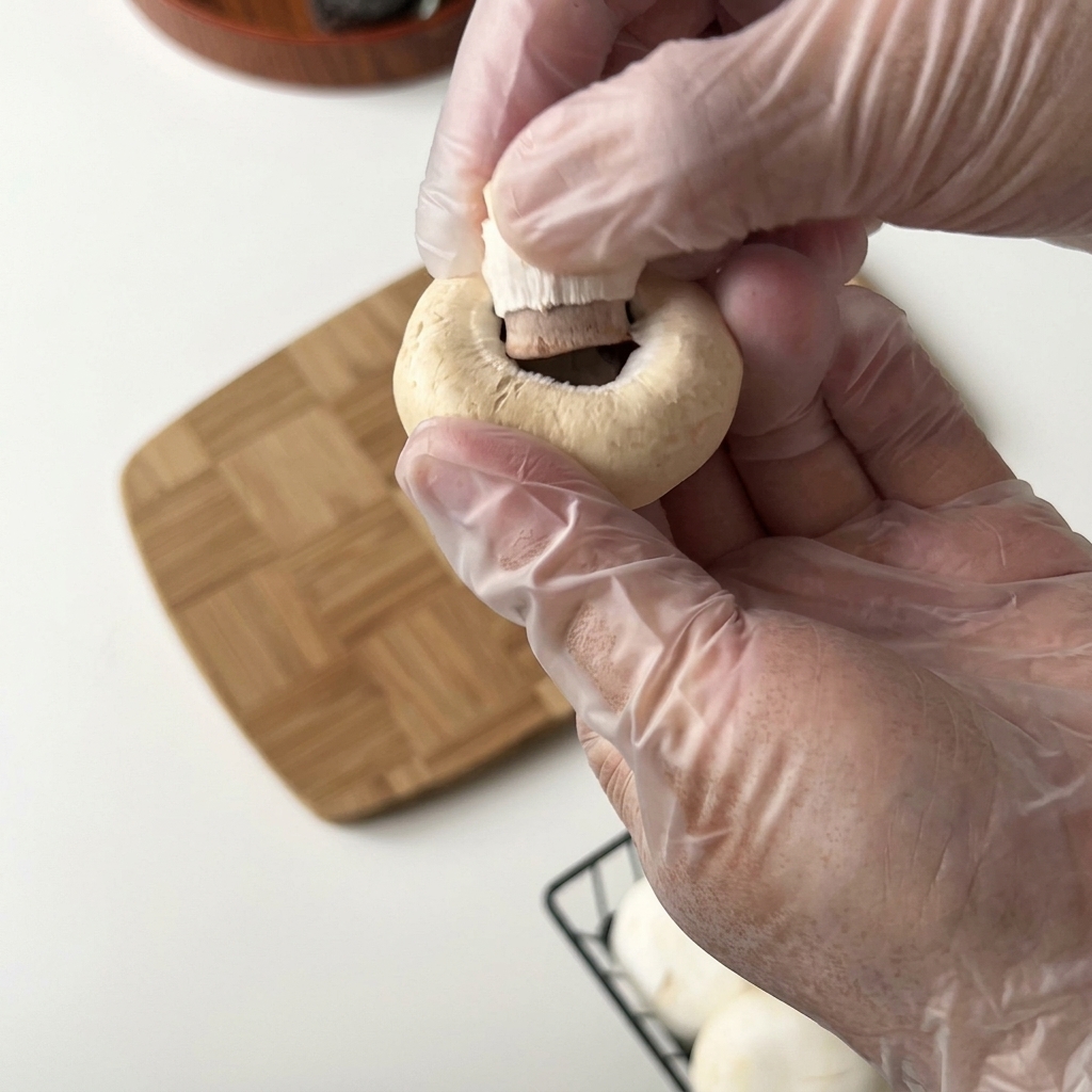 Mani con guanti che rimuovono con cura il gambo da un fungo champignon bianco intero.