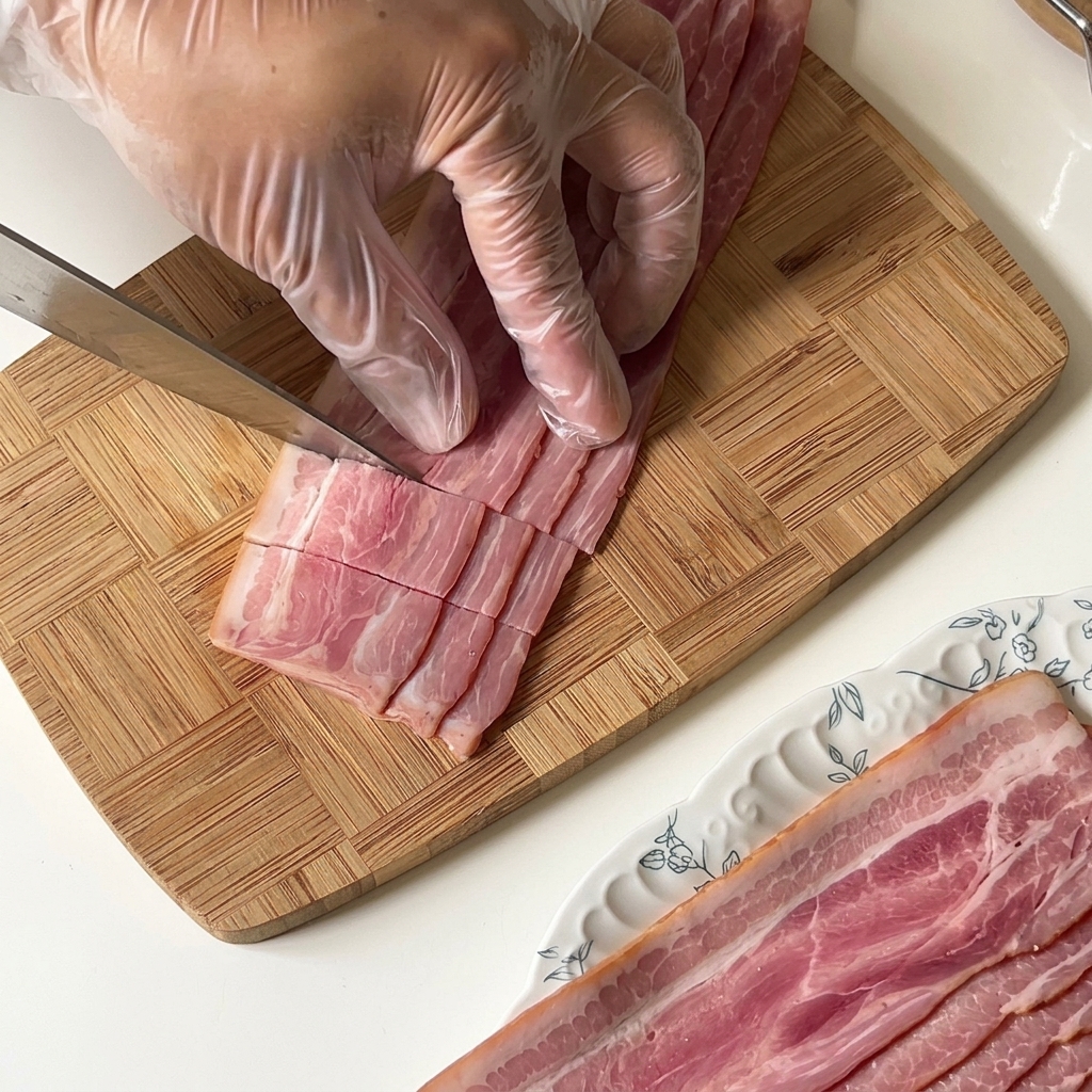Mani che tagliano strisce sovrapposte di bacon crudo in piccoli segmenti rettangolari.